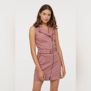 H&M Divided Pink Twill Biker Dress | Zip Front Moto Style w/ Belt